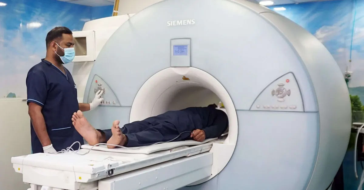 An MRI scanner in an imaging room
